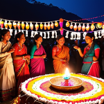 A vibrant Nepali festival scene: Capture the essence of the Tihar festival with colorful lights, traditional decorations, and people celebrating with joy and happiness. Focus on the cultural richness and the spirit of togetherness.