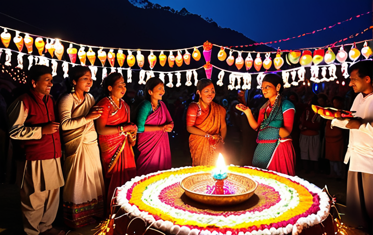 A vibrant Nepali festival scene: Capture the essence of the Tihar festival with colorful lights, traditional decorations, and people celebrating with joy and happiness. Focus on the cultural richness and the spirit of togetherness.