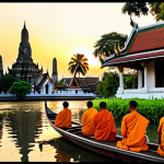 Serene Thai Temple Scene**

"A serene scene of a traditional Thai temple at sunrise, Wat Arun (Temple of Dawn) reflecting in the Chao Phraya River, monks in saffron robes, fully clothed, appropriate attire, golden light, lush tropical vegetation, safe for work, perfect anatomy, natural proportions, professional photography, high quality, family-friendly."

**