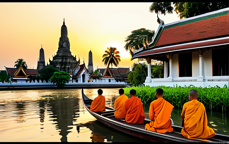 Serene Thai Temple Scene**

"A serene scene of a traditional Thai temple at sunrise, Wat Arun (Temple of Dawn) reflecting in the Chao Phraya River, monks in saffron robes, fully clothed, appropriate attire, golden light, lush tropical vegetation, safe for work, perfect anatomy, natural proportions, professional photography, high quality, family-friendly."

**